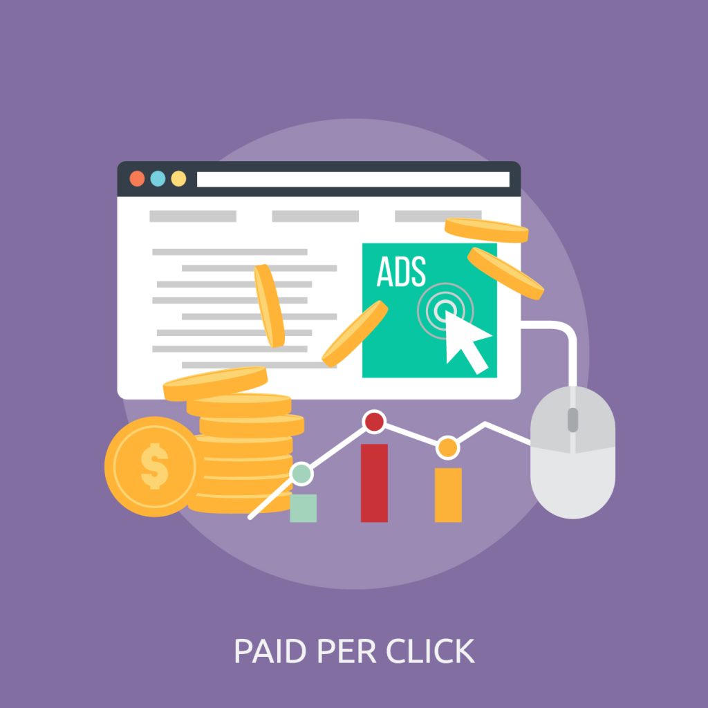 Obrázok znázorňujúci Pay Per Click alebo platba za klik model s obrazovkou, myšou a peniazmi v Google Ads